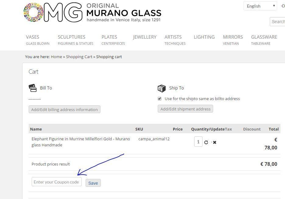 how to use coupon code in original murano glass store