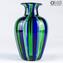 Vaso con Canne verdi blu in vetro di Murano originale soffiato