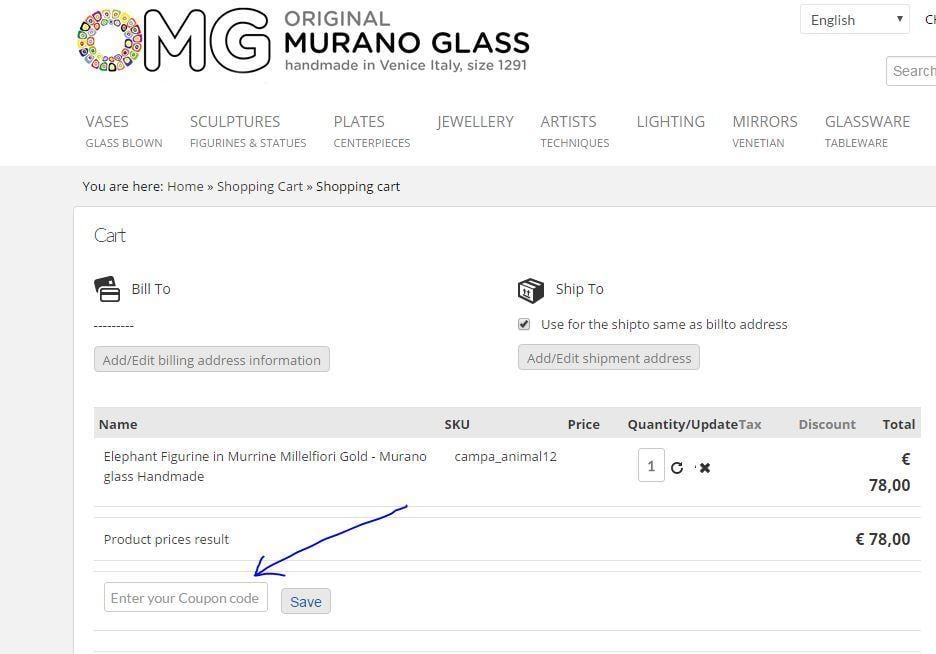 cómo usar el código de cupón en la tienda original de cristal de murano
