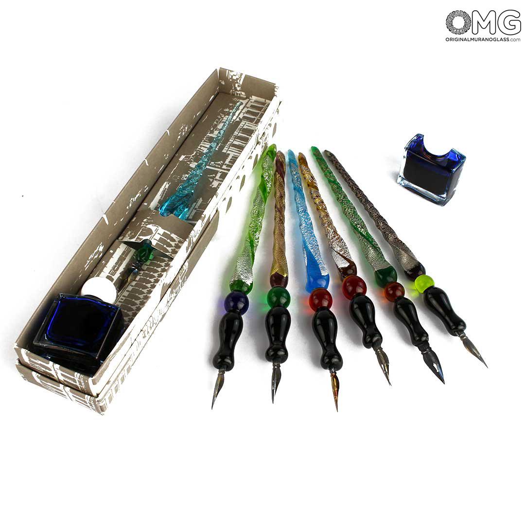 Venetian Glass Pen Ink Set Cavallini Venice Italy Murano Blue Hand