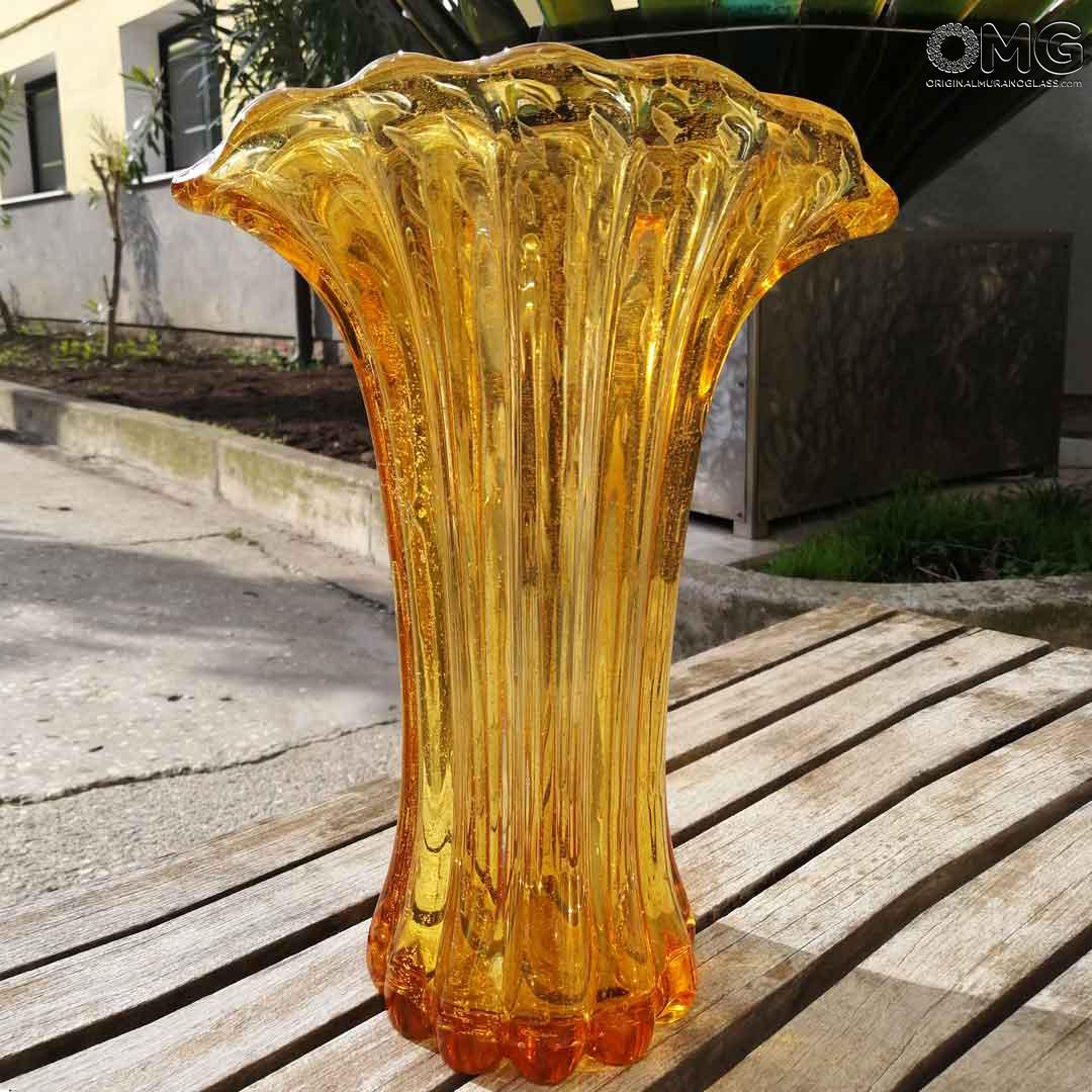Flower Vase Amber And Gold Original Murano Glass Omg