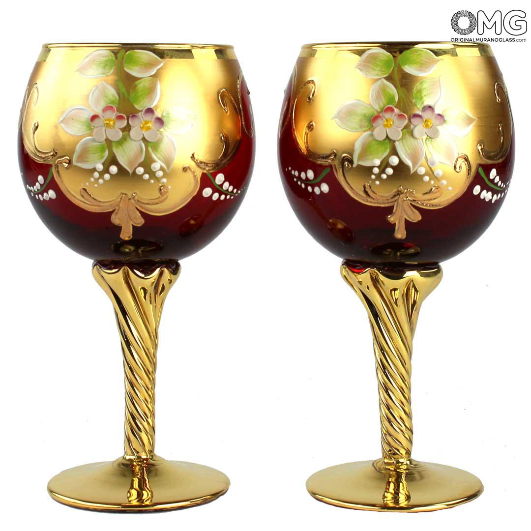 Glassware, Glasses, Goblets and Pitcher: Set of 2 Trefuochi Glasses Red -  You&Me - Original Murano Glass