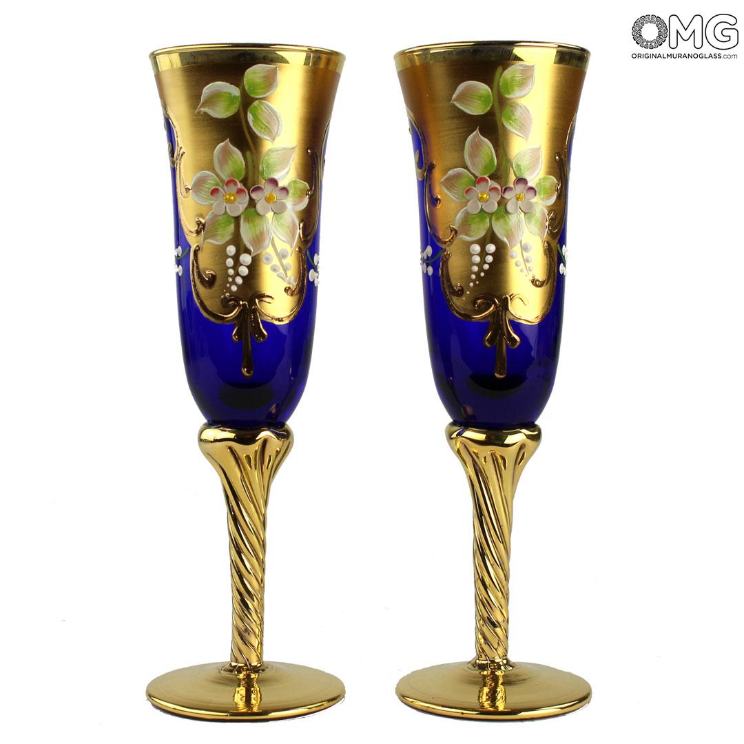 Set of Two Murano Glass Champagne Flutes 24K Gold Leaf - Blue