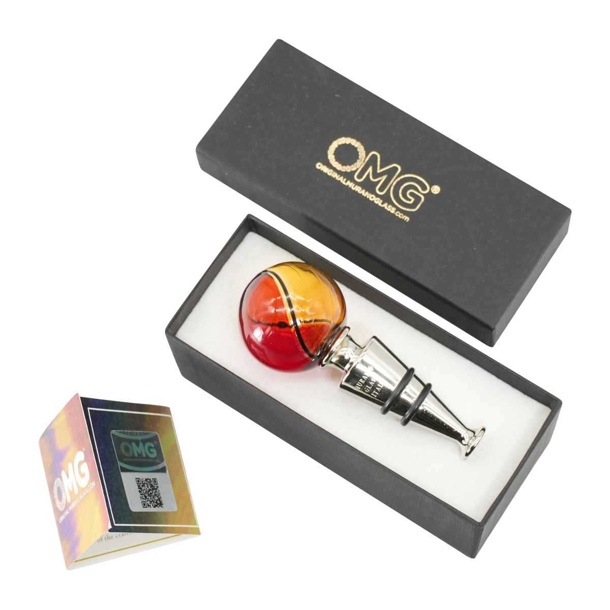 Bottle stopper Cannes - Red and amber - Original Murano Glass OMG