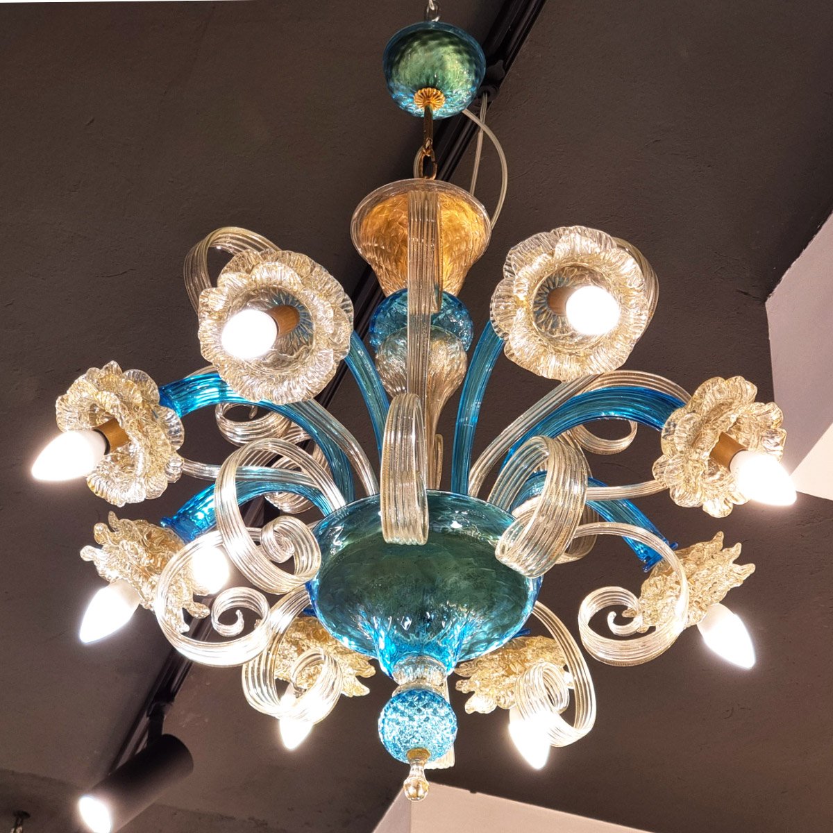 Venetian Chandelier light blue and gold Murano Glass