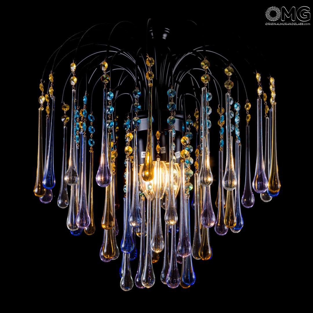 Drop Chandelier In Blue Amber Clear Glass Original Murano