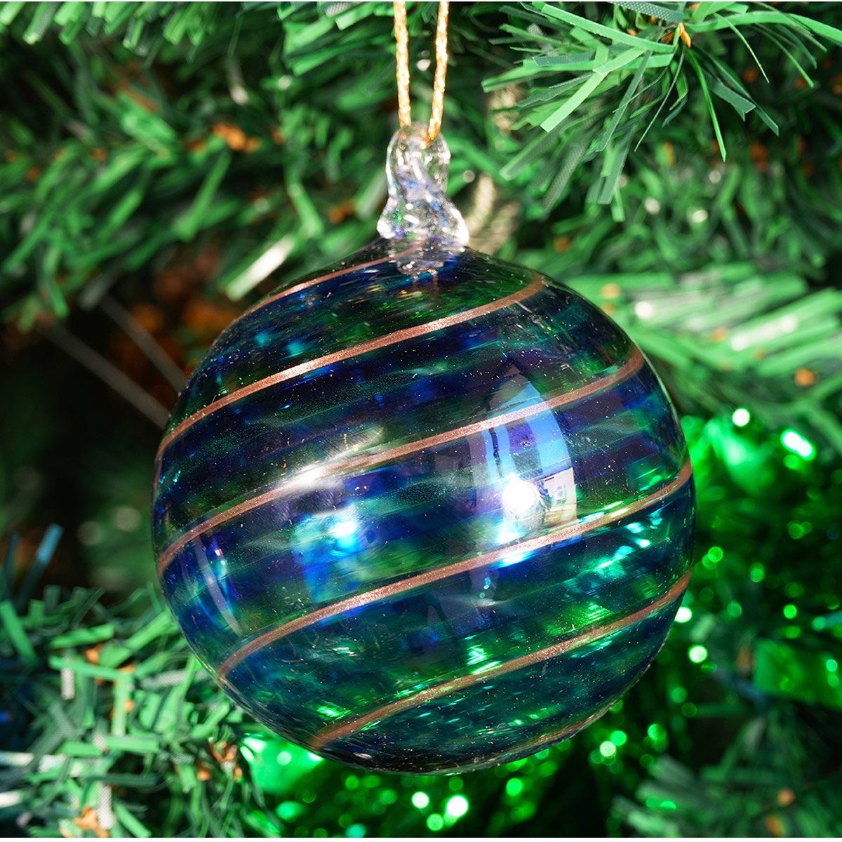Para pendurar como decoração objetos de vidro: Bola de Natal - Spiral  Fantasy - Azul e Verde - Vidro Murano Xmas