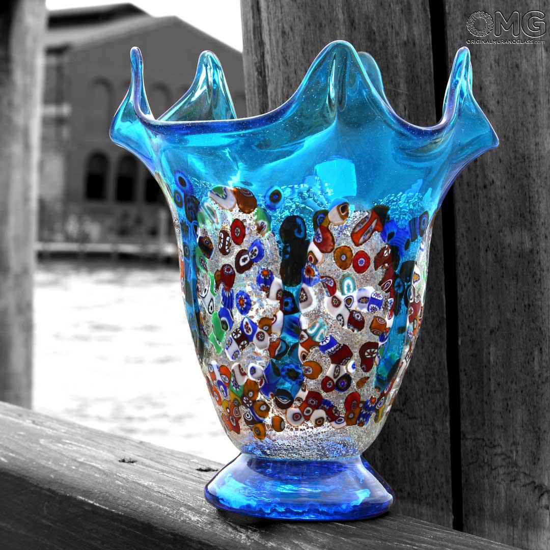 Ibisco Light Blue Vase Murano glass Millefiori