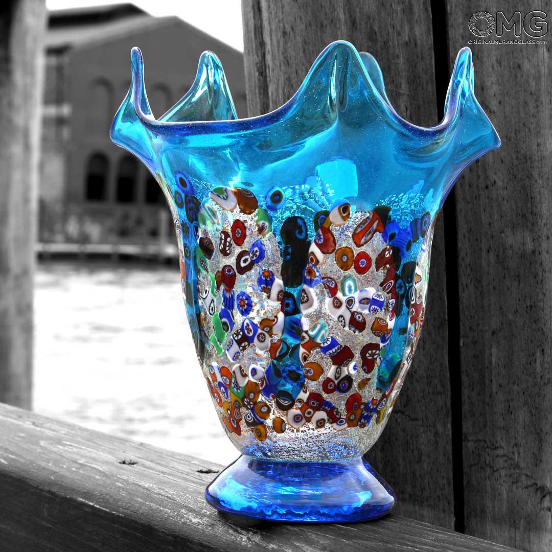 Ibisco Light Blue Vase Murano Glass Millefiori