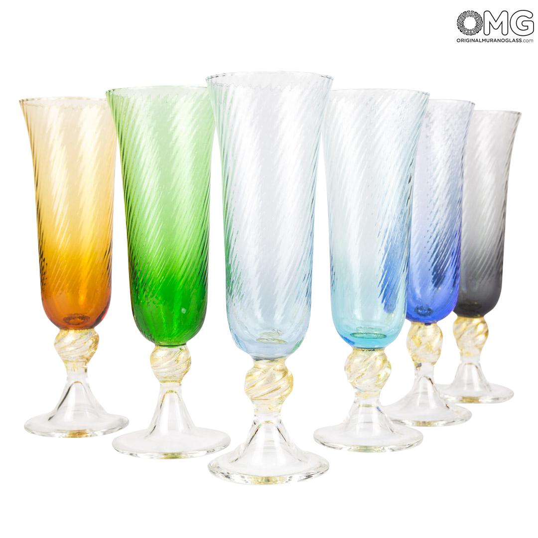 Wine Glasses - Flutes Collection: Set of 6 Champagne Flute Drinking glasses  Mix colors