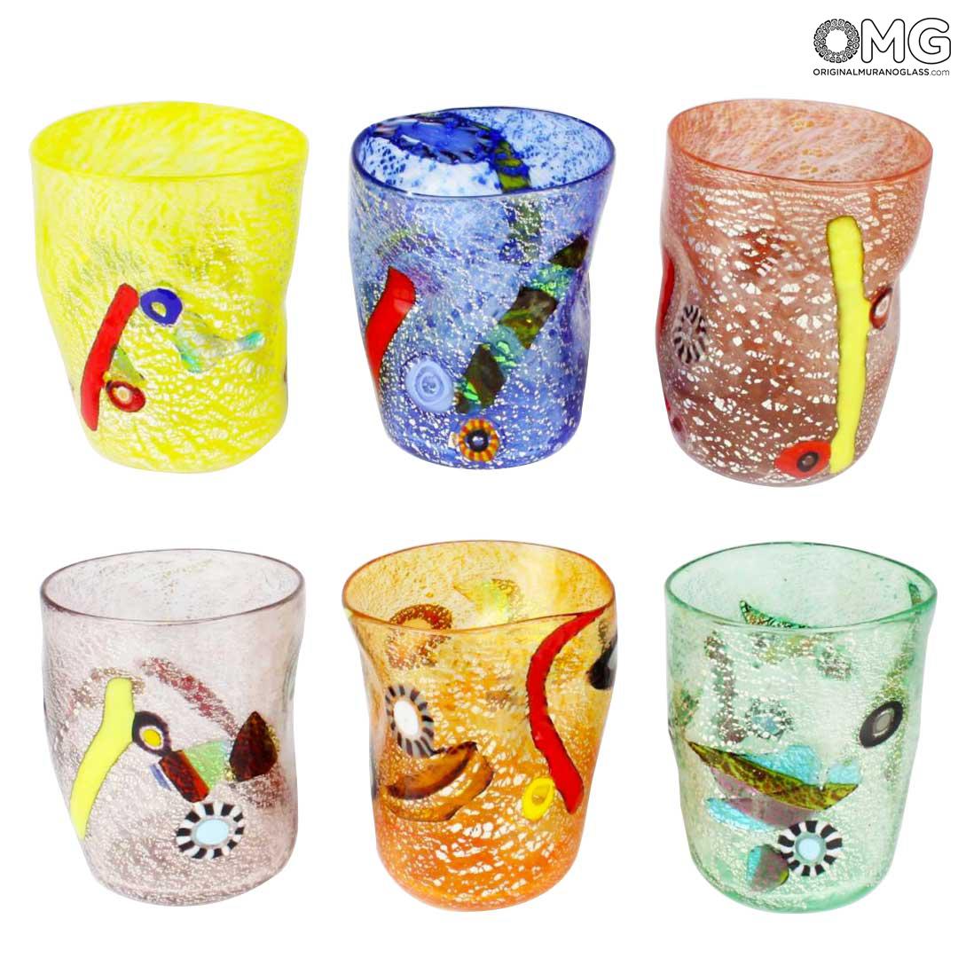 Franco Multi-Colored Glass Drinking Glasses, Set of 6, Made in Murano