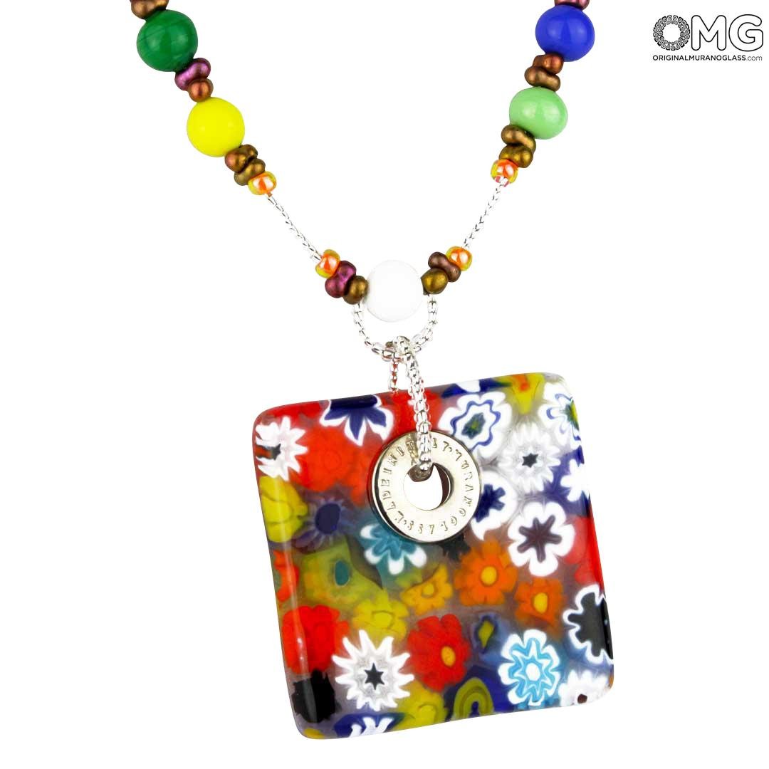 Necklace Millefiori Square Multicolor Original Murano Glass Omg