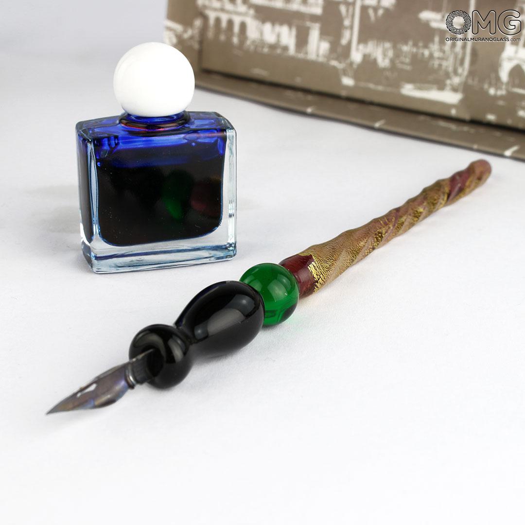 Venetian Glass Pen Ink Set Cavallini Venice Italy Murano Blue Hand