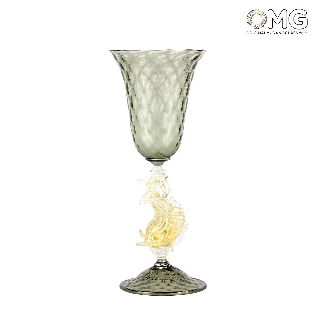 Venetian Goblet Fish Stem Gray Murano Glass