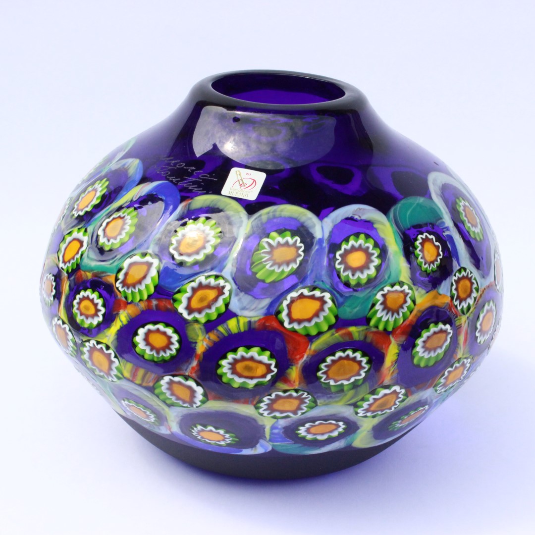 Vase Round Murrine Blue Original Murano Glass OMG Vase Round Murrine Blue Original Murano Glass OMG