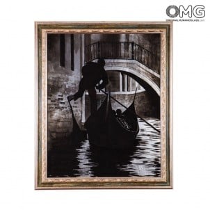 Photo avec cadre sur plaque de verre de Murano - Gondole en noir et blanc avec feuille argentée