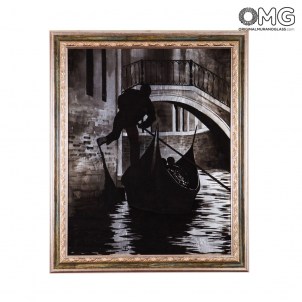Quadro com moldura em placa de vidro Murano - Gôndola em preto e branco com folha prateada Quadro com moldura em placa de vidro Murano - Gôndola em preto e branco com folha prateada