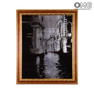 Quadro com moldura em placa de vidro Murano - Canal de Veneza em preto e branco com folha prateada Quadro com moldura em placa de vidro Murano - Canal de Veneza em preto e branco com folha prateada