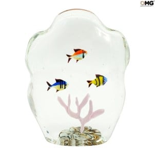 Escultura Aquário - Peixes tropicais e coral rosa - Vidro Murano Original OMG
