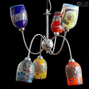 ハーモニーシルバーシャンデリア-ハンギングランプ6灯-オリジナルムラーノグラス