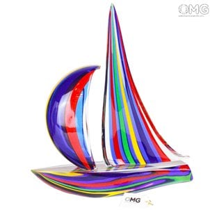 Segelboot Mix farbige Cannes in Blau - Skulptur - Muranoglas
