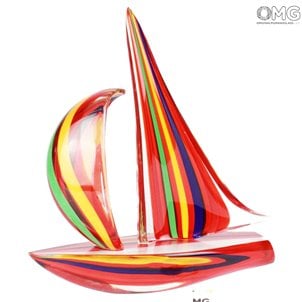 帆船ミックスカラーカンヌ赤-彫刻-ムラノガラス