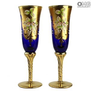 Set of 2 Trefuochi Glasses Flute Blue - You&Me - Original Murano Glass
