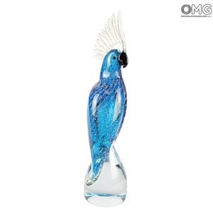 Hellblauer Papagei und Silber - Glasskulptur - Original Muranoglas OMG