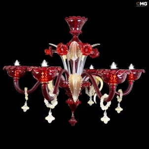 Venetian Chandelier Dasy Red and pure gold - Murano Glass