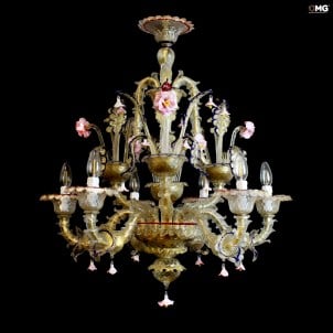 Venetian Chandelier Rezzonico - Flowery - Golden - 올 골드 골드 24k - 오리지널 Murano Glass OMG