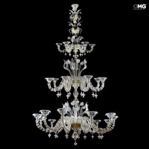 Großer venezianischer Kronleuchter 12 + 8 + 6 Lichter Cimiero Kristall und Gold - Rezzonico - Muranoglas