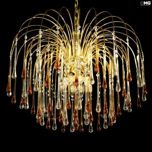 Lámpara de araña Drop en vidrio transparente y ámbar - Cristal de Murano original OMG