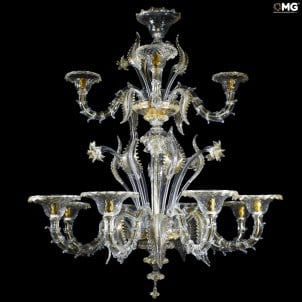Venezianischer Kronleuchter 8 + 4 Lichter Cimiero Kristall und Gold - Rezzonico - Muranoglas