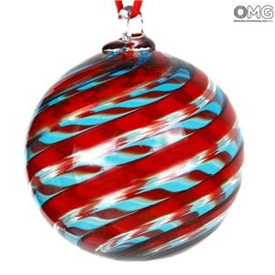 Christmas Ball- Spiral Fantasy - Cyan and Red - Murano Glass Xmas