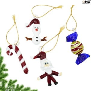 4 piezas de decoraciones para árboles de Navidad - Papá Noel - Muñeco de nieve - Palo de azúcar - Caramelo - Cristal de Murano original OMG