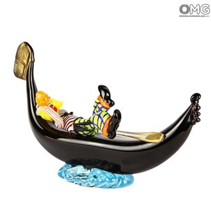 ゴンドラピエロの置物を飲むオリジナルムラーノグラスOMG-ゴンドラ clown_murano_glass_figurine_on_gondola_omg