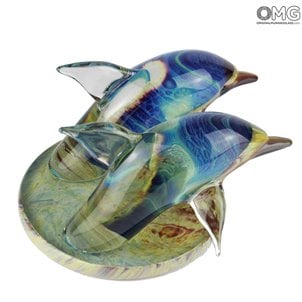 double_dolphine_chalcedony_sculpture_murano_glass