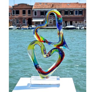 Two hearts on clear base - Sculpture - Original Murano Glass