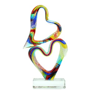 Two hearts on clear base - Sculpture - Original Murano Glass