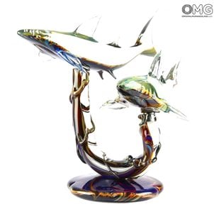 Tiburones en base - Escultura en calcedonia - Cristal de Murano original