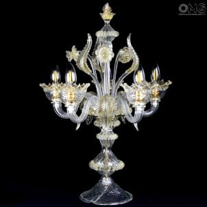 Table Lamp Flambeau - Gold and Crystal Floral - Murano Glass - 5 light