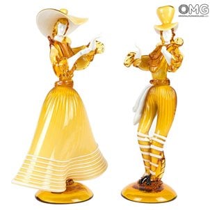 زوجان من التماثيل الفينيسية Goldoni - العنبر - زجاج مورانو الأصلي OMG