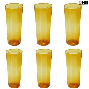 Set of 6 Drinking glasses flute - Octagonal - Amber - Original Murano Glass