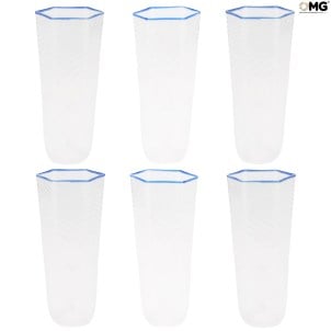 Set of 6 Drinking glasses flute - blue rim - Octagonal - Original Murano Glass