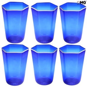 Set of 6 Drinking glasses Octagonal - blue - Original Murano Glass