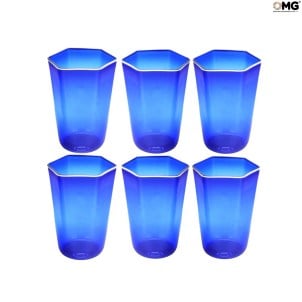 6er Set Trinkgläser Shot - Achteckig - Blau - Original Murano Glas