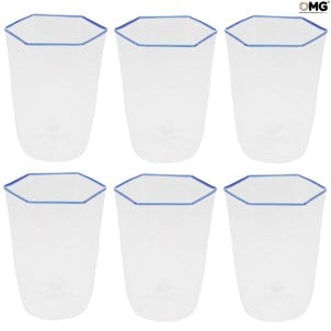 Set mit 6 Trinkgläsern - blauer Rand - achteckig - Original Muranoglas