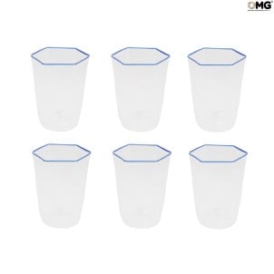 6er Set Trinkgläser Schnaps - blauer Rand - achteckig - Original Murano Glas