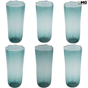 Set of 6 Drinking glasses flute - Octagonal - Green - Original Murano Glass