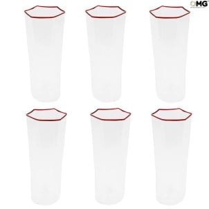 6 件套飲用杯長笛 - 紅色邊緣 - 八角 - Original Murano Glass